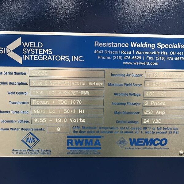 WSI Size 2 Spot / Projection Welder - 20628 | Image 02 | Weld Systems Integrators