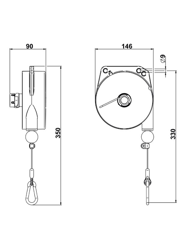 TECNA 9320IL-9321IL-9322IL-9323IL Food Grade Retractor Balancer Dimensions | Weld Systems Integrators