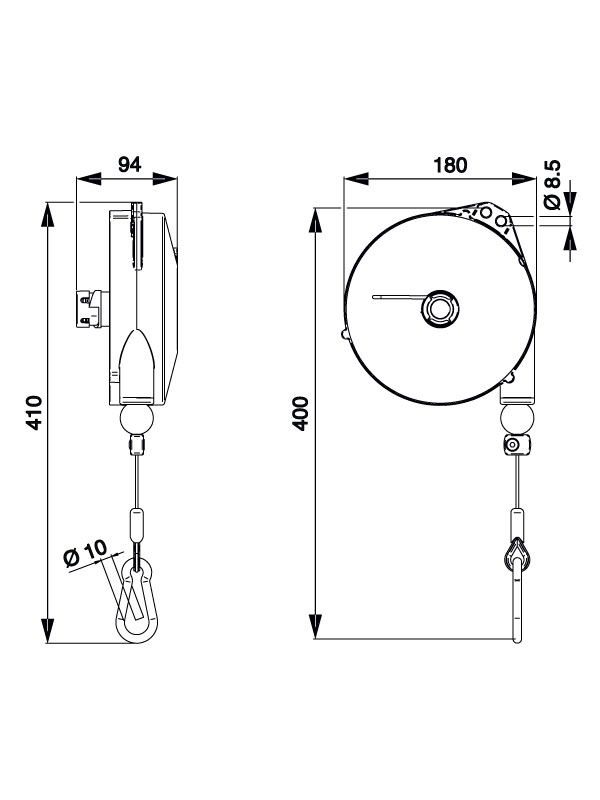 TECNA 9336LNY-9336NY-9337NY-9338NY-9339NY-9340NY Nylon Cable Retractor Balancer Dimensions | Weld Systems Integrators